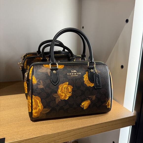 Coach CCE30 Rowan Satchel Bag In Signature Canvas With Floral Print Walnut/Black - Picture 1 of 6